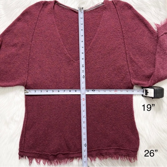 SOLD-Free People Fringe Hem Cranberry Raglan Crochet Knit Pullover Wool Sweater - Picture 9 of 9